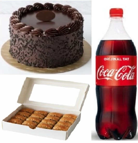2-3 Kişilik Çikolatalı Yaş Pasta (1 Adet), 1 kg Cevizli Baklava (1 Adet), 1 Litre Kola (1 Adet) pasta